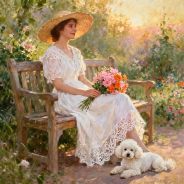 The image is a painting of a woman sitting on a wooden bench in a garden. She is wearing a white dress with a lace overlay and a large straw hat with a wide brim. The woman is holding a bouquet of pink and orange flowers in her left hand and is looking off to the side with a slight smile on her face. Next to her, there is a small white poodle dog lying on the ground. The background is filled with greenery and colorful flowers, creating a peaceful and serene atmosphere. The overall mood of the image is romantic and dreamy.
