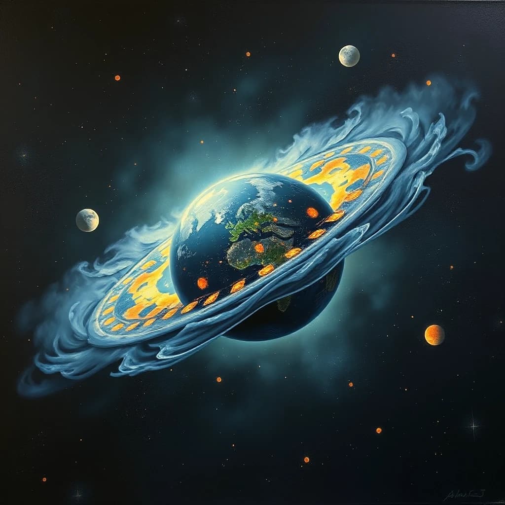 fantasy Oil painting, "The Champion of Earth", space, Planetary nebula, stars and moons, dark with bright Orange spots deep focus, Concept Art World, sci-fi, grim, painterly, ambient, highly decorated, highly detailed, fine detail, beautiful detailed supreme quality color intricate, luxury
