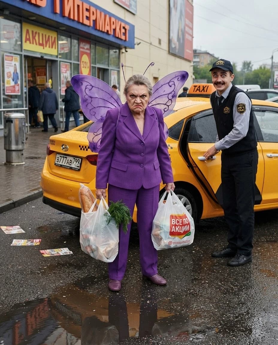 A humorous scene in the style of photorealism, a documentary with a slight comedic hyperbolization. In the center of the frame is an elderly woman embodying the image of a "purple butterfly": she is wearing a spectacular purple suit with a jacket, and behind her are large elegant purple wings, as if from theatrical props. Her face is fierce, her eyebrows are furrowed menacingly, and she looks like she's ready to tell the whole world off for one misplaced bag. In both hands, she holds heavy bags from the hypermarket tightly — on one the inscription "All according to the promotion" is visible, from the other a loaf and a bunch of dill peek out.
A yellow city taxi is nearby, the door is open. The taxi driver (a young guy in a uniform cap) is standing at the door, leaning slightly forward, with an exaggeratedly helpful smile and slightly rounded eyes — he is clearly trying to be as polite as possible so as not to get caught in this "purple hurricane". His posture expresses a mixture of professional courtesy and quiet horror.
The background is an ordinary city sidewalk near a hypermarket: a few scattered flyers, an urn, a storefront with price tags. There are fresh puddles on the asphalt after the rain, which reflect the purple hues of the woman's costume, enhancing the effect of the "magic" of the moment.
Daytime, cloudy lighting: soft diffused light without harsh shadows to maintain realism, but add cinematography to the scene. High detail: the texture of the suit's fabric, the shine of plastic bags, drops of water on the asphalt, individual hairs in the taxi driver's mustache, streaks on the dill. The composition is a medium plan, the focus is on a woman and a taxi driver, the background is slightly blurred. Mood is a comedic everyday scene where an ordinary trip turns into an epic event. The style is photorealism, Ultra HD, without filters, with an emphasis on expressive emotions and a comical contrast between a "magical" image and prosaic details.