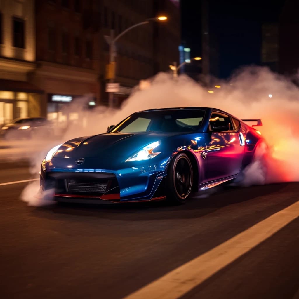 Nissan 370z делает бернаут на главной улице в ночном городе, тормоза раскалились, из колес идет дым