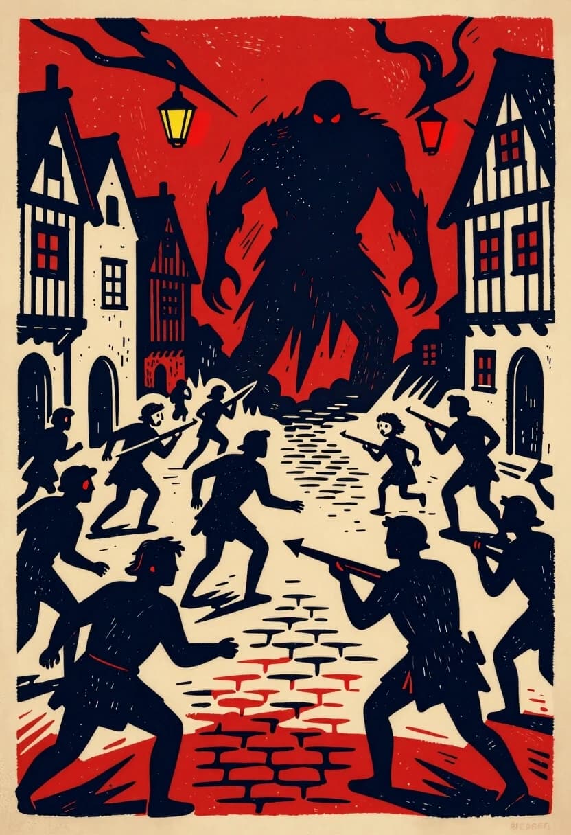 Linocut print style with bold black outlines, high contrast, and limited palette of deep red, ochre, and midnight blue. A bustling medieval town square at night: cobblestones, timber-framed houses, lanterns swinging in the wind. In the center, a massive, shadowy figure looms—its form is indistinct, as if made of smoke and ink, with glowing red eyes and clawed hands that seem to rip the air itself. The townspeople are in disarray: some flee in panic, their faces etched with fear; others huddle together, clutching children or weapons. A few brave souls aim crossbows, but their hands tremble. The linocut aesthetic amplifies the drama: the stark contrasts and heavy lines make the chaos feel urgent and almost ritualistic, like a scene from an old woodcut chronicle. The composition is dynamic, with diagonal lines leading the eye to the towering intruder, emphasizing the scale of the threat and the vulnerability of the town.
