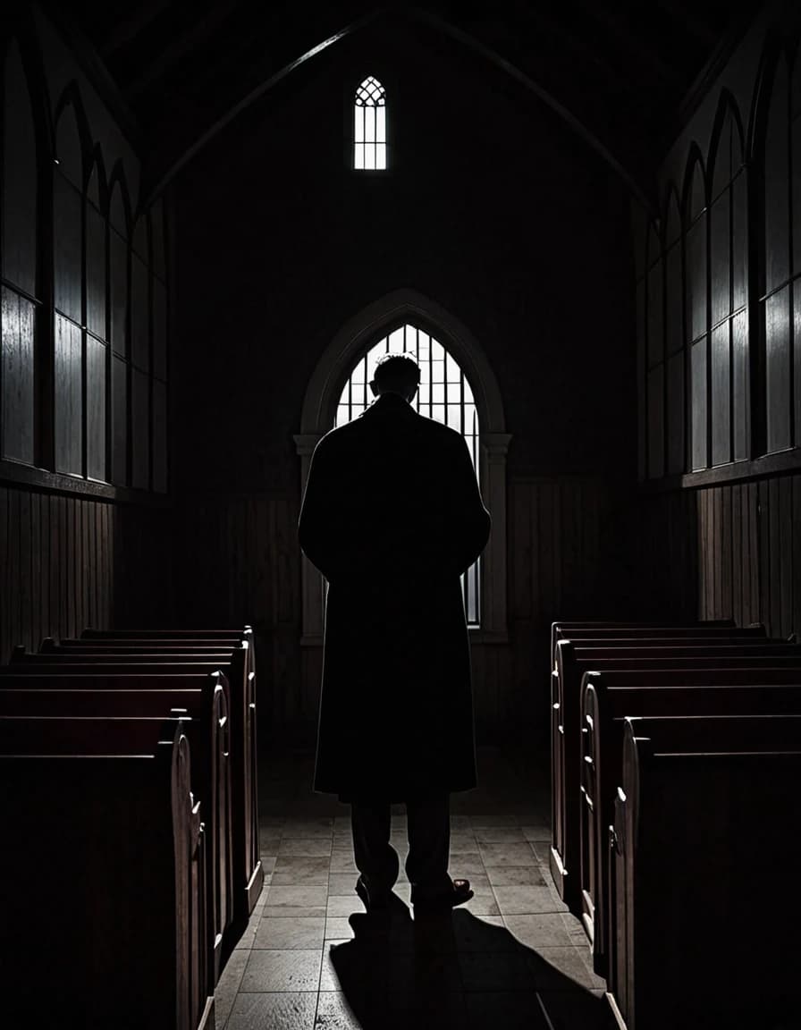 A nearly empty church at night, dimly lit and filled with shadows. Inside a wooden confessional sits a mysterious man in his forties wearing a long dark coat. Half of his face is hidden in deep shadow, revealing exhaustion, remorse and intense inner conflict. He lowers his head, finally ready to confess the secrets of his hidden life. Cold moonlight enters through tall stained-glass windows while a few candles flicker near the altar. A subtle haze of incense fills the air, with old wooden pews disappearing into darkness. Atmosphere of secrecy, loneliness, guilt and hope for forgiveness. Cinematic photorealism, dramatic lighting, deep shadows, highly detailed, vertical composition