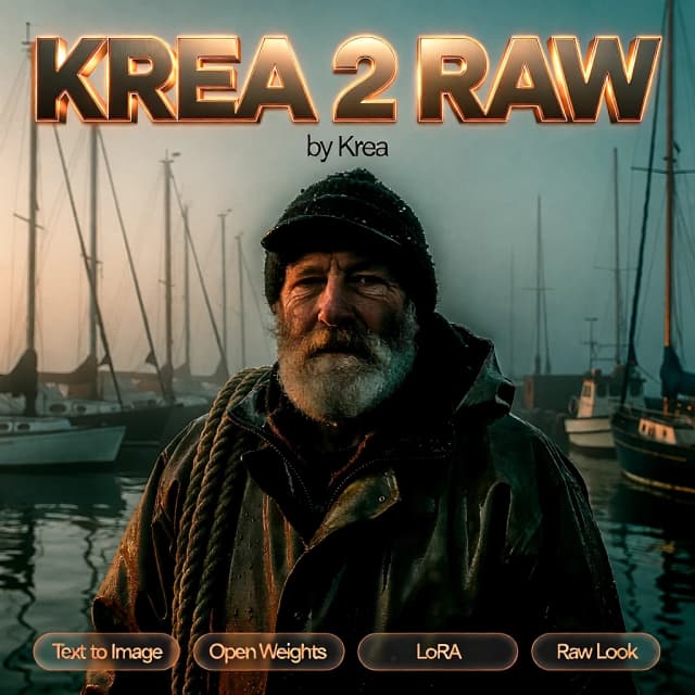 Square poster, full-bleed photograph filling the entire frame edge to edge, zero margins, no background panel. Full-frame half-body documentary shot of an old fisherman at dawn — salt-crusted beard, deep sun creases, wet oilskin coat, rope over the shoulder, steady gaze into the lens; harbour masts and fog fill the whole background, flat overcast light from the left, muted teal-and-rust palette, coarse 35mm grain, pores and stubble intact, zero retouching. Overlaid directly on the photo, upper third: massive extruded 3D headline "KREA 2 RAW" in heavy geometric sans, brushed-steel faces with warm amber edge glow, sharp evenly spaced letters. Directly beneath it, small tracked-out caption "by Krea" in thin uppercase. Overlaid across the bottom edge of the photo: single evenly spaced row of four small pill-shaped glass badges with thin amber outlines, each holding one short uppercase label — "Text to Image", "Open Weights", "LoRA", "Raw Look". Text sits on top of the image, image continues underneath it to all four edges. Premium flagship key-visual, tack-sharp crisp typography.