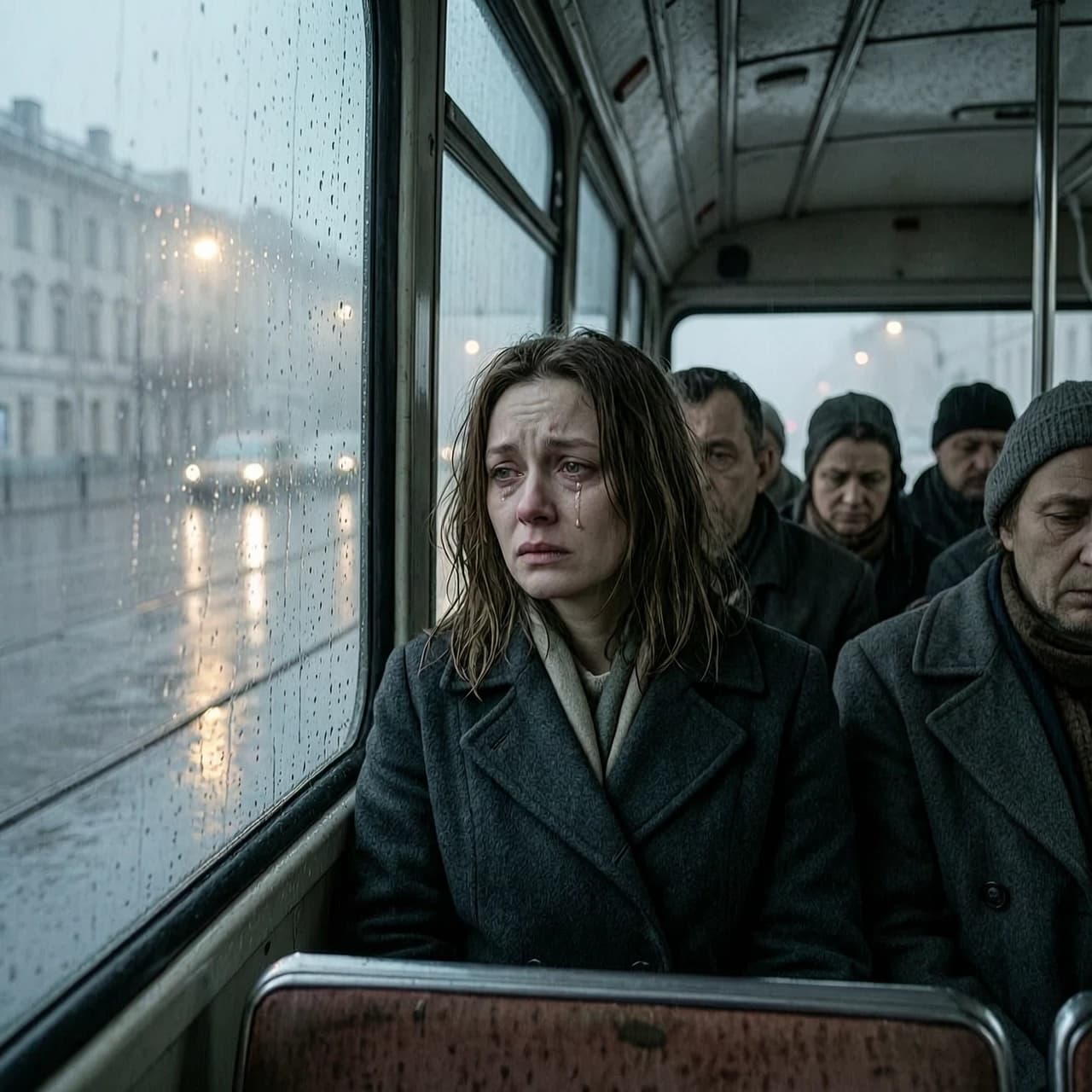 Cinematic 4K video. Inside a Russian trolleybus: a brunette woman sits by the window, gazing out with sad eyes and quiet tears; she wears a simple dark coat, hair slightly tousled. Around her, passengers look weary and subdued. Outside: heavy rain, thick fog, blurred city shapes, dim streetlights, wet asphalt. Slow camera movement, cold muted palette, soft lighting, rain streaks on the glass. Moody, melancholic, deeply emotional