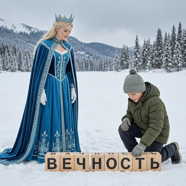 Снежная королева смотрит, как мальчик Кай собирает слово ВЕЧНОСТЬ