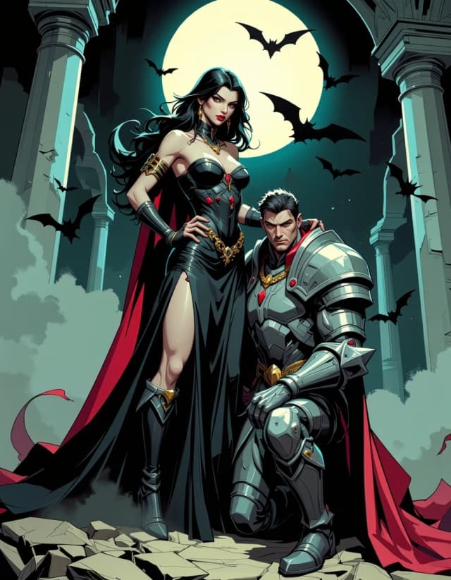 A masterpiece,  in the style of the 1980s, with bold lines, dynamic strokes and rich textures, on background with a touch of nostalgia, perhaps with subtle drawings inspired by cellulose and vintage, worn textures similar to paper, oil painting,  Dark gothic fantasy scene, dramatic low-angle composition of a dominant vampiric sorceress and a kneeling armored warrior in a ruined moonlit temple. Center a tall, confident woman with long flowing black hair, pale skin, ruby-red lips, piercing eyes, wearing a form-fitting black leather corset studded with red gems, chains and ornate metalwork, high-slit flowing skirt, jeweled choker and arm cuffs; her hand rests possessively on the shoulder of a muscular, battered knight in dented silver armor and red tattered cloth, kneeling in submission. Surround them with swirling mist, ember sparks, broken stone columns, a full moon backlight, and a flock of bats silhouetted in motion. High-contrast cinematic lighting, volumetric rays, rim light on hair and armor, rich palette of deep blacks, crimson, bronze and moonlit silver. Hyper-detailed, painterly realism with intricate textures on leather, metal, skin, and fabric; dynamic movement in smoke and bats, dramatic depth, sharp focal detail on faces and jewelry, moody atmospheric background, epic fantasy illustration. celshading, simple background