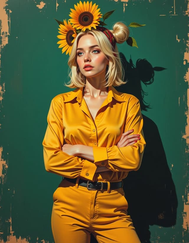 A masterpiece,  in the style of the 1980s, with bold lines, dynamic strokes and rich textures, on background with a touch of nostalgia, perhaps with subtle drawings inspired by cellulose and vintage, worn textures similar to paper, oil painting, watercolor acrylic random pose, beautiful blonde woman, two bunches on her head, headdress in the form of a sunflower, dark green background, soft, diffused lighting, chiaroscuro, golden hour, mustard yellow blouse and trousers, direct gaze, thoughtful expression, small depth of field, picturesque style of Laura Sava.  hdr