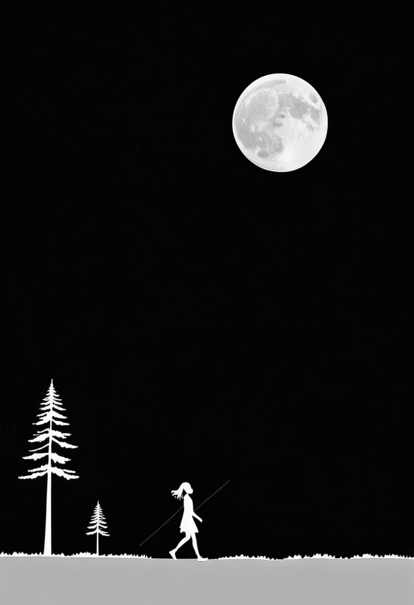 a black background, a horizontal white line, a small silhouette of a girl with a thin white line in profile, calmly walking along the white line. Against the background of a pine tree, the moon above them. Minimalism