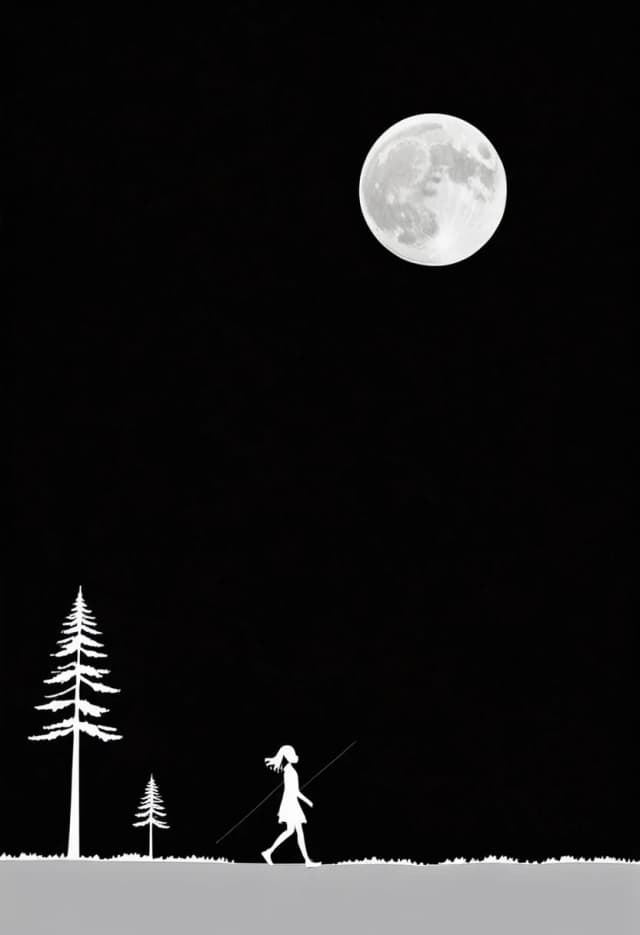 a black background, a horizontal white line, a small silhouette of a girl with a thin white line in profile, calmly walking along the white line. Against the background of a pine tree, the moon above them. Minimalism