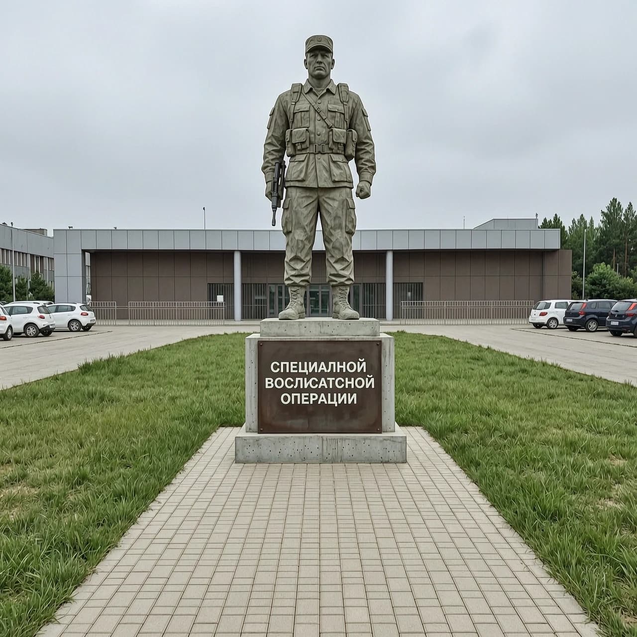 Фотореалистичный кадр: памятник в честь специальной военной операции стоит как входная группа перед территорией, перед памятником дорожка из плитки, сам памятник выполнен из бетона и метала, без применения человека в самом памятнике, с применением атрибутики СВО, что бы было узнаваемо, о какой операции идет речь, памятник должен быть вытянутым вверх, памятник не должен быть большим, максимум метров 5 в высоту