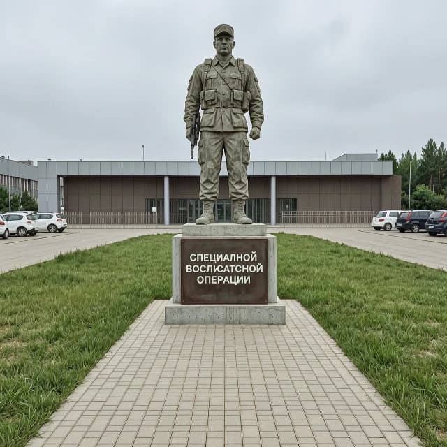 Фотореалистичный кадр: памятник в честь специальной военной операции стоит как входная группа перед территорией, перед памятником дорожка из плитки, сам памятник выполнен из бетона и метала, без применения человека в самом памятнике, с применением атрибутики СВО, что бы было узнаваемо, о какой операции идет речь, памятник должен быть вытянутым вверх, памятник не должен быть большим, максимум метров 5 в высоту