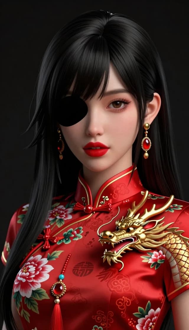 ultra realistic,masterpiece,high detailed skin,best quality,high res,highly detailed costumes,(finely detailed face),(no mask:1.1),
(high_contrast:1.3),ultra-sharp details, crisp edges, high definition, sharp focus, no blur, intricate texture clarity,3D rendering, photorealistic 3D, Blender render, Cinema 4D style, 3D model, volumetric lighting,
1girl, solo, front facing, long hair, looking at viewer, bangs,  black hair, brown eyes, jewellery, upper body, earrings, parted lips, teeth, hair over one eye, lips, eyelashes, makeup, swept bangs, animal, chinese clothes, floral print, red dress, lipstick, black background, gem, tassel, portrait, china dress, dragon, red lips, chinese zodiac, eastern dragon,