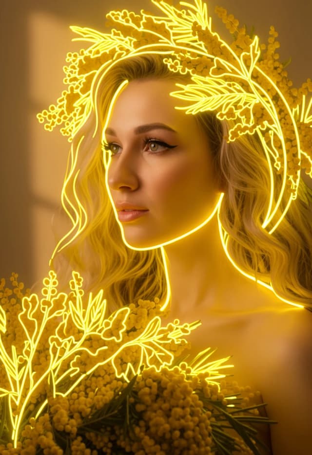 Detailed photo of the girl, with a few minimal 8mm yellow LED neon lines running smoothly strictly along the contours of the mimosa flower wreath and bouquet. Continuous long neon light tracks, elegant minimalist layout, zero chaotic lines on the face, perfect face preservation, clear clean design for CNC path template