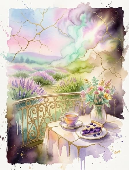 Soft watercolor with lots of flecks on a lavender background. An abstract solution. Watercolor painting in the style of Agnes Cecile with streaks, splashes and drops of paint in the style of impressionism. The terrace of the house with an openwork parapet. A small table with a cup of tea, blueberry pie on a saucer and a bouquet of wildflowers. Silhouette solution. The background is a view of a field with flowering lavender bushes. The aesthetics of Provence. Gradient transitions of pastel shades (blue, pink, lavender, mint, light green, grassy, yellow-green, beige) are made using the technique of "wet" coloring. Everything is decorated with intricate kintsugi veins, made in the form of three-dimensional lines in embossed gold paste. Swirling fractal clouds of pastel watercolor paints. Radiance around the edges and deep picturesque shadows. Splashes of color around the edges. Drops and splashes. Art Nouveau, Art Deco style. Psychedelic, abstract artistic energy. Highly detailed macrotexture of gold, reflective metallic texture of golden contours, intense luster. Thin, graceful cracks of golden kintsuga decorate the lavender space of the negative, creating an airy decorative network of craquelures. The frame is Art Nouveau, art Deco. Linen background with a dense, well-defined texture of watercolor paper. Cinematic lighting, sophisticated, dreamy, high-contrast gold on a background of delicate colors. Aesthetics of creativity and classics, high detail, gallery-quality finishes.