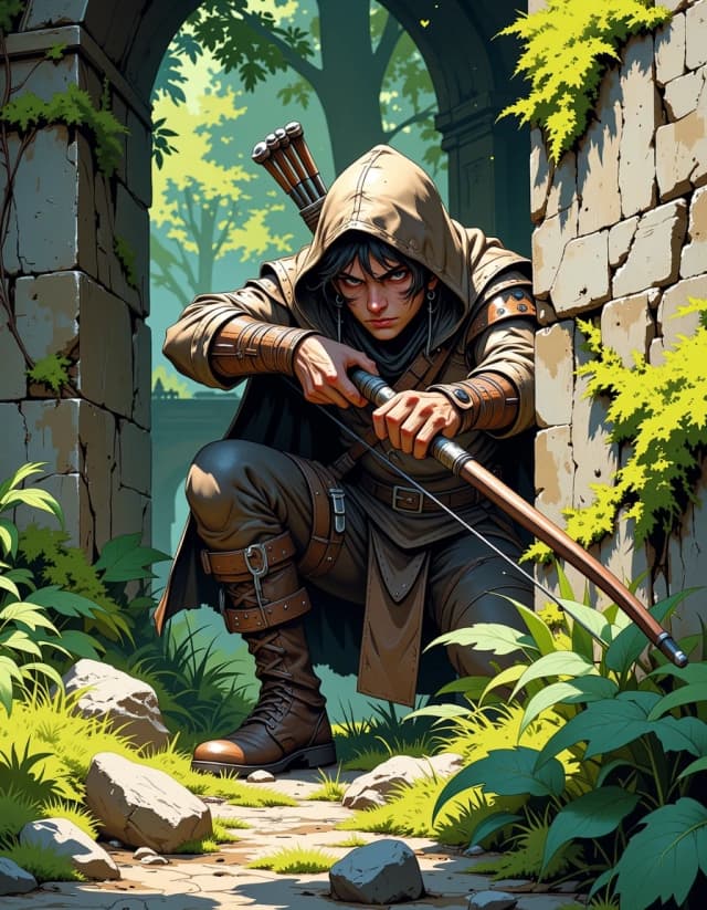 A masterpiece,  in the style of the 1980s, with bold lines, dynamic strokes and rich textures, on background with a touch of nostalgia, perhaps with subtle drawings inspired by cellulose and vintage, worn textures similar to paper, oil painting, A rugged bandit archer hiding in dappled forest undergrowth, leather armor patched with stolen insignias, hood shadowing a scarred face, longbow drawn and aimed from behind moss-covered ruins, muddy boots, knives at belt, grimdark fantasy, Dungeon & Dragons style, cinematic lighting, ultra detailed, dark green and brown palette, fantasy art, dungeons and dragons rpg aesthetic. RPG