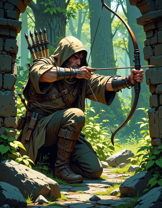A masterpiece,  in the style of the 1980s, with bold lines, dynamic strokes and rich textures, on background with a touch of nostalgia, perhaps with subtle drawings inspired by cellulose and vintage, worn textures similar to paper, oil painting, A rugged bandit archer hiding in dappled forest undergrowth, leather armor patched with stolen insignias, hood shadowing a scarred face, longbow drawn and aimed from behind moss-covered ruins, muddy boots, knives at belt, grimdark fantasy, Dungeon & Dragons style, cinematic lighting, ultra detailed, dark green and brown palette, fantasy art, dungeons and dragons rpg aesthetic. RPG