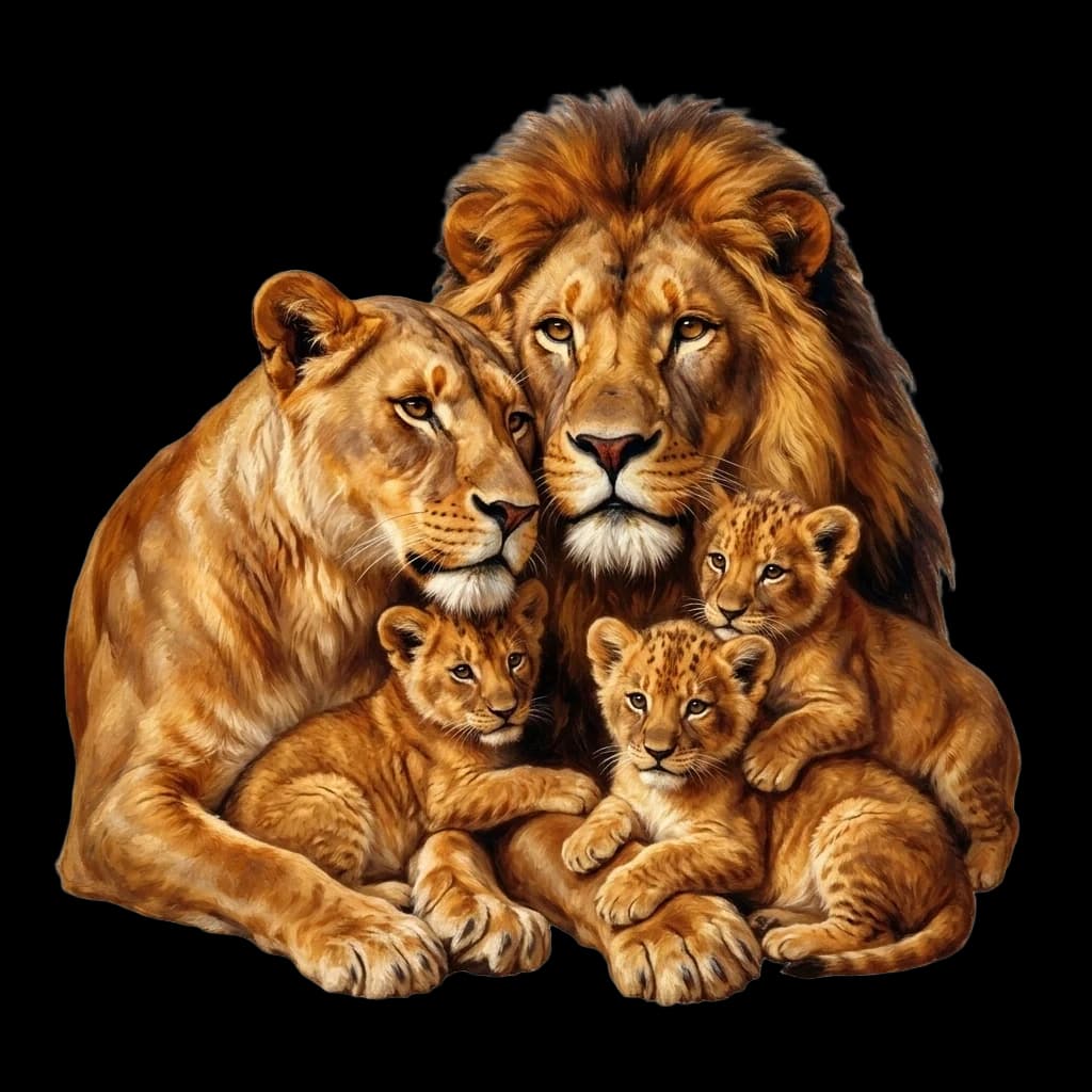 Draw a touching scene: a lion family, closely pressed against each other, conveys a sense of love, understanding, warmth, and affection. In the center, there is a male lion, next to him is a female lion, and on either side are three small lion cubs. The lions are looking at the viewer; their gazes are filled with tenderness and care. The lions’ fur is rendered in detail: soft highlights in golden‑red shades, delicate reflections. Background: transparent. Done in the style of Rosa Bonheur.