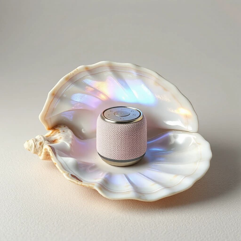 A creative gadget concept. An open seashell, approximately 30cm in size, made of textured mother-of-pearl, lying on a soft surface. Inside the shell, nestled comfortably like a precious pearl, is a Yandex Station Lite smart speaker (a small pastel-colored cylinder with fabric texture). The speaker's LED lights are glowing softly, reflecting off the iridescent interior of the shell. It looks like a whimsical and elegant tech accessory. 3D render, product design concept, soft studio lighting, highly detailed, photorealistic, clean background.