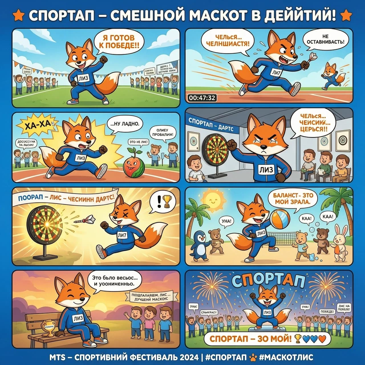 Смотри, мне надо для участия в организации МТС, ежегодня проходят спортивные соревнования под названием Спортап.
Вот Промт:
Придумай короткий комикс о приключениях маскота проекта (лис). История может быть смешной, спортивной, фантастической или мотивационной — как захочешь.

Как участвовать
Сделай комикс из 5–8 кадров, где маскот — главный герой (лис )
Рисуй руками или бери графредакторы и ИИ — как удобнее
Обязательно продумай сюжет, игры летние, бег, дартс.
