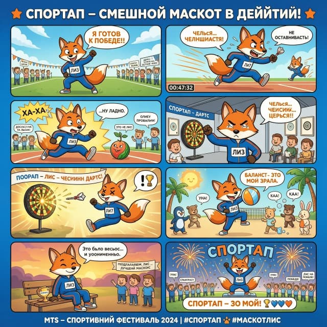 Смотри, мне надо для участия в организации МТС, ежегодня проходят спортивные соревнования под названием Спортап.
Вот Промт:
Придумай короткий комикс о приключениях маскота проекта (лис). История может быть смешной, спортивной, фантастической или мотивационной — как захочешь.

Как участвовать
Сделай комикс из 5–8 кадров, где маскот — главный герой (лис )
Рисуй руками или бери графредакторы и ИИ — как удобнее
Обязательно продумай сюжет, игры летние, бег, дартс.