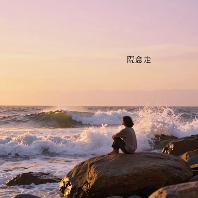 Cinematic wide shot of a solitary contemplative person sitting peacefully on a large smooth rock at the edge of a dramatic, wild ocean at golden sunset. Huge powerful waves are crashing against the rocks nearby, spraying white foam, but the person remains completely calm, grounded, and present, observing the waves with a gentle, accepting expression, not fighting them. This symbolizes the ability to cope with intense emotions by allowing them to pass without being overwhelmed. The person's posture is relaxed, knees drawn up, arms wrapped around them. The warm golden and soft pink sky fills the upper half of the composition, providing ample negative space for adding event title and text. Hopeful, serene, philosophical, healing atmosphere, photorealistic, warm amber and soft lavender tones, emotional depth, 8k, shallow depth of field, 4:5 aspect ratio.