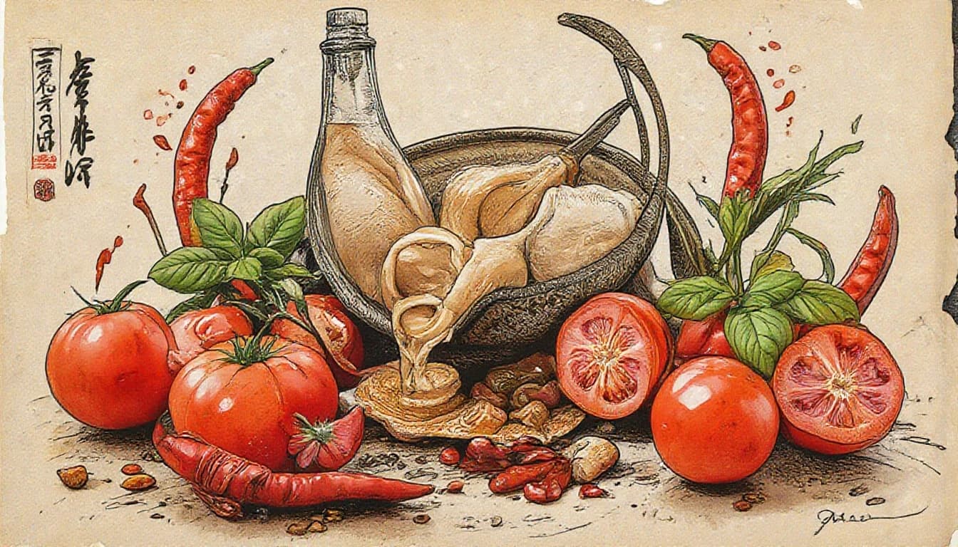 Фронтальный вид старая бумага.  Tomatos, basilik, chilli peppers, пряности, специи.
