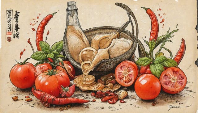 Фронтальный вид старая бумага.  Tomatos, basilik, chilli peppers, пряности, специи.