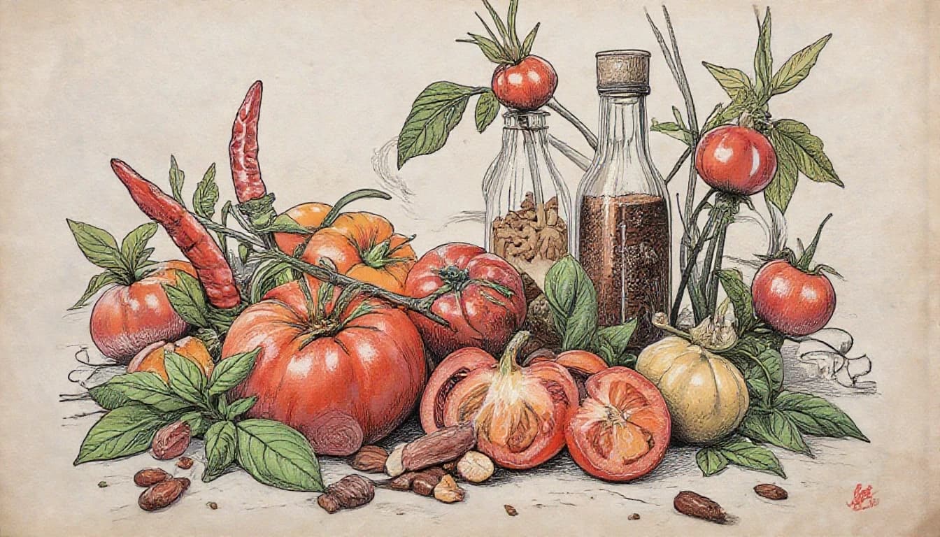 Фронтальный вид старая бумага.  Tomatos, basilik, chilli peppers, пряности, специи.