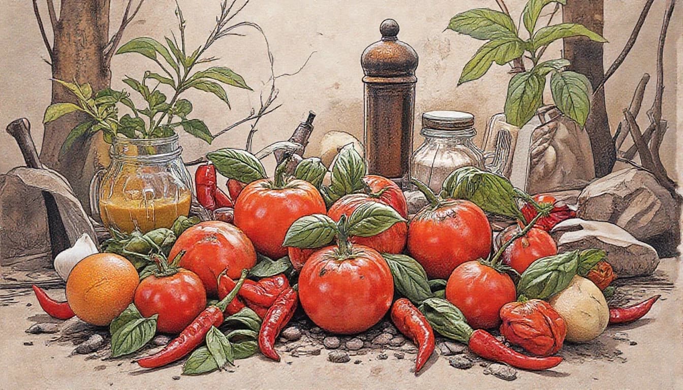 Фронтальный вид старая бумага.  Tomatos, basilik, chilli peppers, пряности, специи.