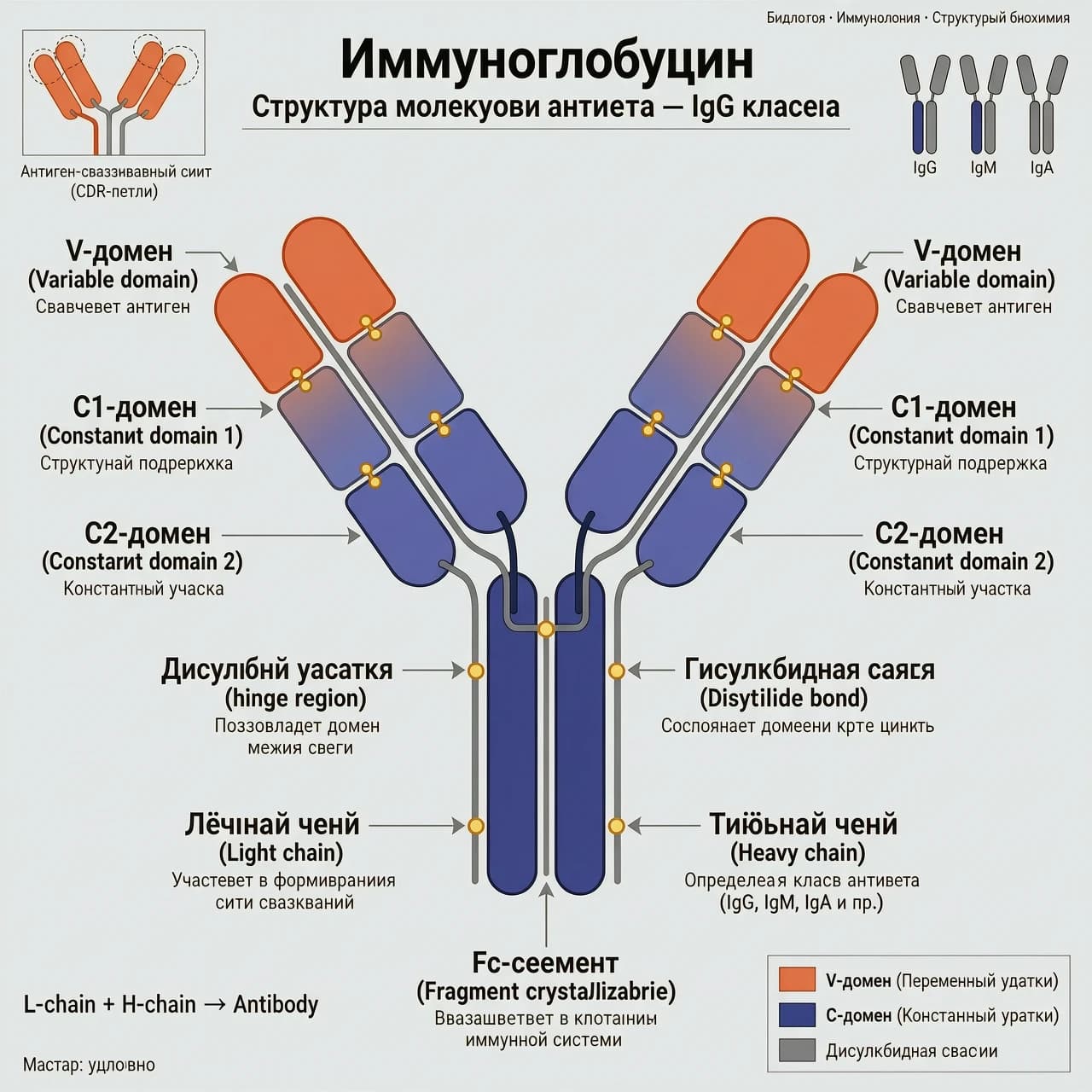 Схема белка, где V- и C-участки выделены контрастными цветами. Иммуноглобулин на руском