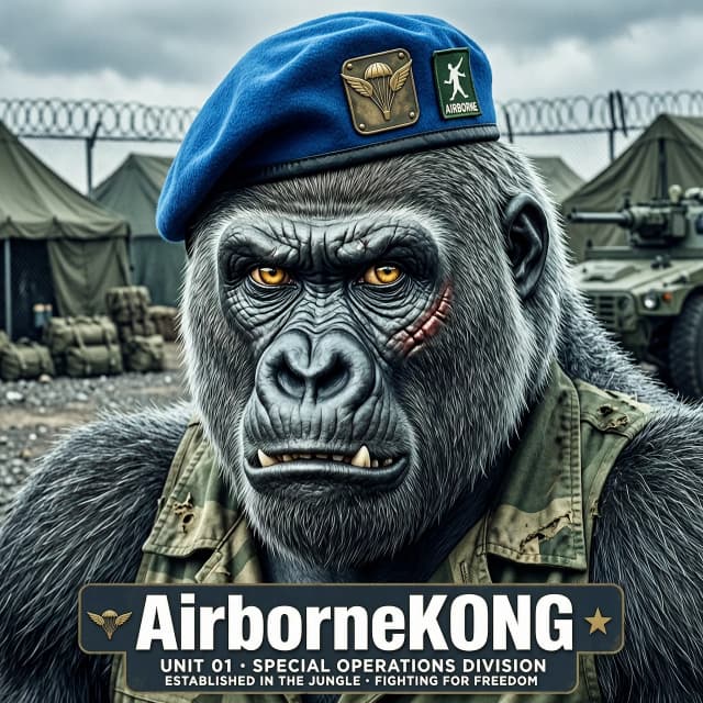 A cinematic close-up portrait of a fierce gorilla soldier wearing a blue paratrooper beret and a striped military undershirt. Aggressive expression, detailed fur, and battle scars. In the bottom center, there is a bold, clean, integrated text banner that says "AirborneKONG". Photorealistic, dramatic lighting, military base background, 8k resolution, ultra-detailed. --ar 1:1