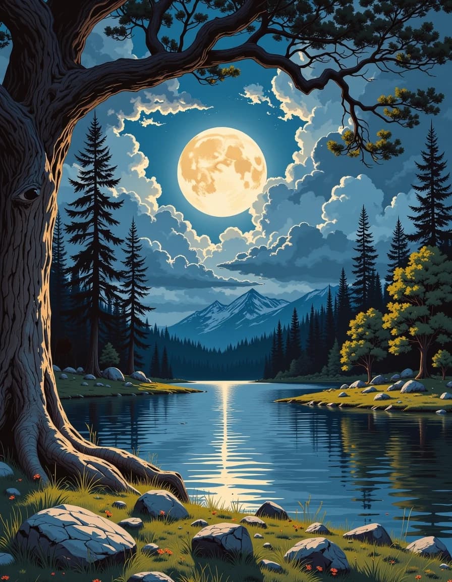 A masterpiece,  in the style of the 1980s, with bold lines, dynamic strokes and rich textures, on background with a touch of nostalgia, perhaps with subtle drawings inspired by cellulose and vintage, worn textures similar to paper,oil painting, Schlieren art. a moonlit night, a forest lake, a huge moon is shining from behind the clouds, a sprawling tree is visible from the side. a silver sparkle
