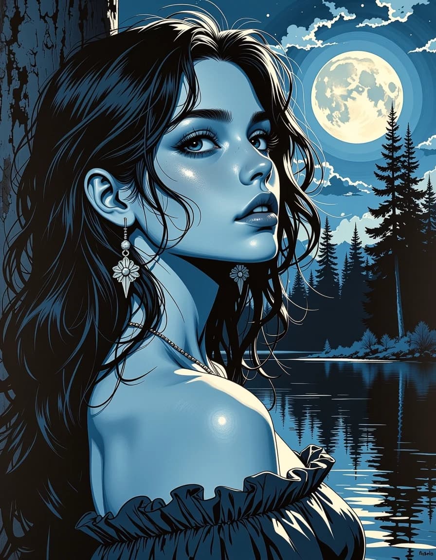A masterpiece,  in the style of the 1980s, with bold lines, dynamic strokes and rich textures, on background with a touch of nostalgia, perhaps with subtle drawings inspired by cellulose and vintage, worn textures similar to paper,oil painting, Schlieren art. a moonlit night, a forest lake, a huge moon is shining from behind the clouds, a sprawling tree is visible from the side. a silver sparkle