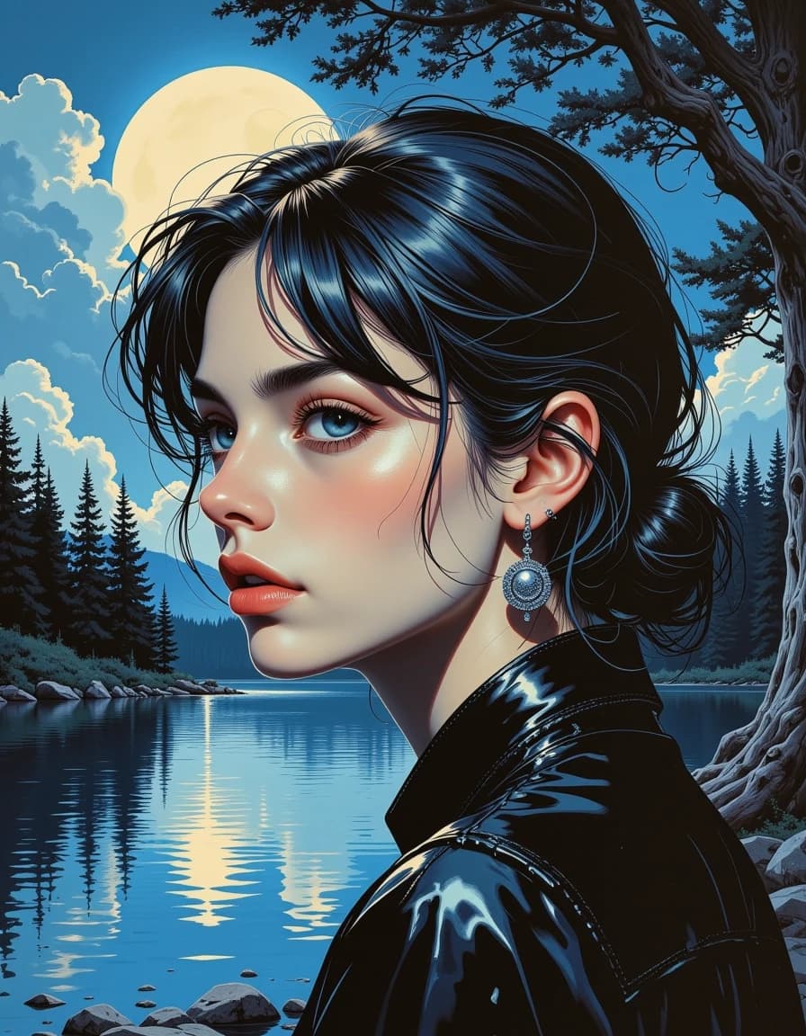 A masterpiece,  in the style of the 1980s, with bold lines, dynamic strokes and rich textures, on background with a touch of nostalgia, perhaps with subtle drawings inspired by cellulose and vintage, worn textures similar to paper,oil painting, Schlieren art. a moonlit night, a forest lake, a huge moon is shining from behind the clouds, a sprawling tree is visible from the side. a silver sparkle