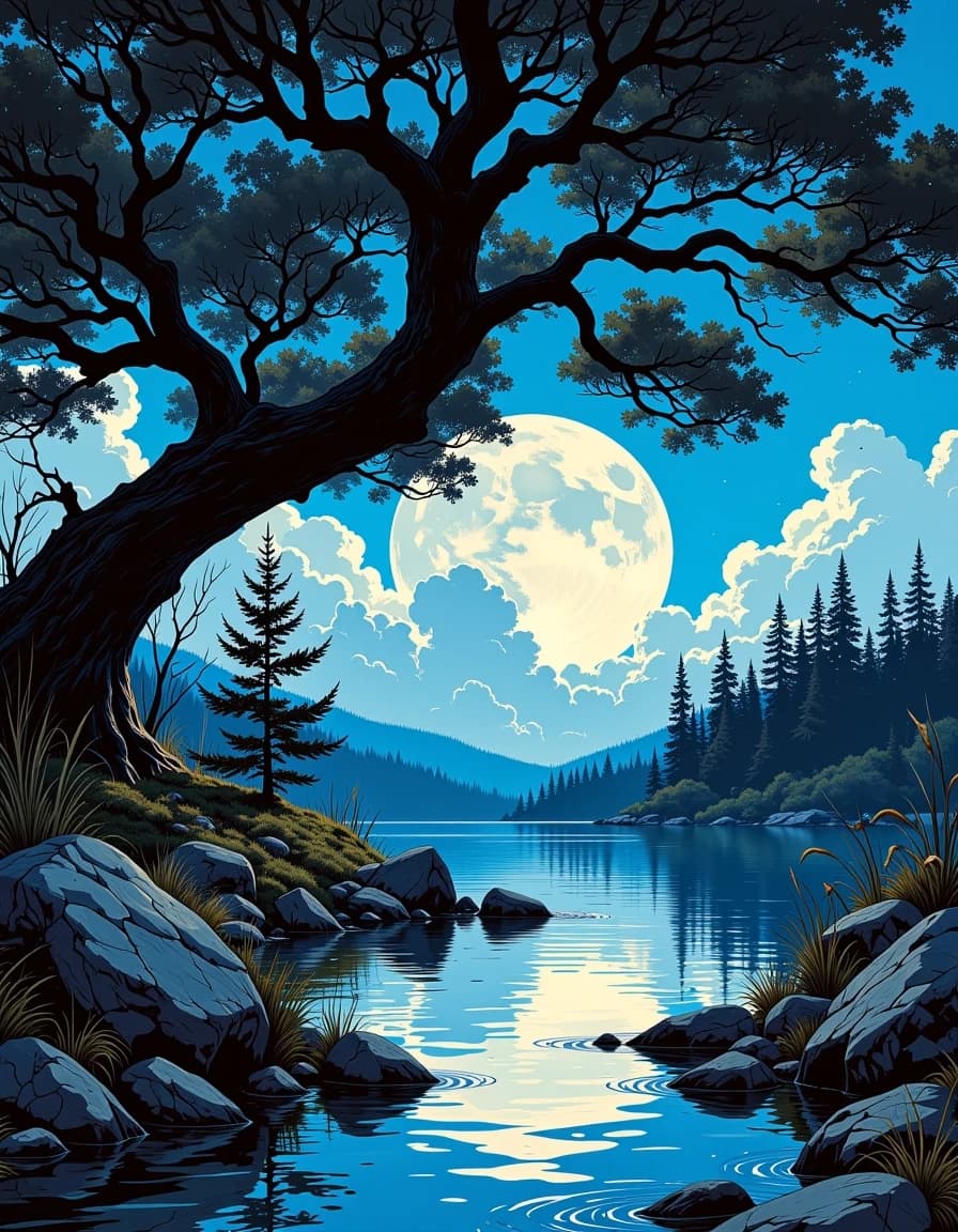 A masterpiece,  in the style of the 1980s, with bold lines, dynamic strokes and rich textures, on background with a touch of nostalgia, perhaps with subtle drawings inspired by cellulose and vintage, worn textures similar to paper,oil painting, Schlieren art. a moonlit night, a forest lake, a huge moon is shining from behind the clouds, a sprawling tree is visible from the side. a silver sparkle
