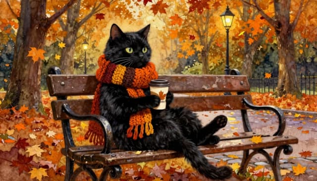 Anthropomorphic black cat sitting in a relaxed human-like pose on a weathered wooden bench with ornate wrought iron legs and armrests. The cat has thick, voluminous, glossy black fur, large expressive yellow-green eyes with a calm, contemplative gaze, and long white whiskers. One hind paw is casually crossed over the other, and a long, fluffy tail drapes gracefully down the side of the bench. The cat is wearing a chunky, oversized knitted scarf in rich autumnal tones of burnt orange, deep brown, crimson, and mustard yellow with delicate fringed edges. In one paw, the cat holds a paper coffee cup with a lid, featuring a subtle maple leaf illustration and the word "Coffee".

The scene is set in a serene autumnal park during a soft, golden hour. An alley of towering trees with golden-orange foliage creates a canopy, with individual maple leaves drifting through the air. In the background, classic black vintage street lamps glow with a warm, soft light. The ground is covered in a mosaic of fallen leaves of various shades, scattered over a damp, cobblestone path that reflects the warm ambient light.

Artistic style: Masterpiece digital painting blending the textures of watercolor washes and expressive oil painting brushstrokes. Visible canvas texture and painterly impasto strokes. Lighting: Soft, diffused, warm autumnal light creating a cozy, melancholic, and nostalgic atmosphere. Color palette: Rich autumnal spectrum (gold, orange, amber, deep red, brown) providing a sharp,