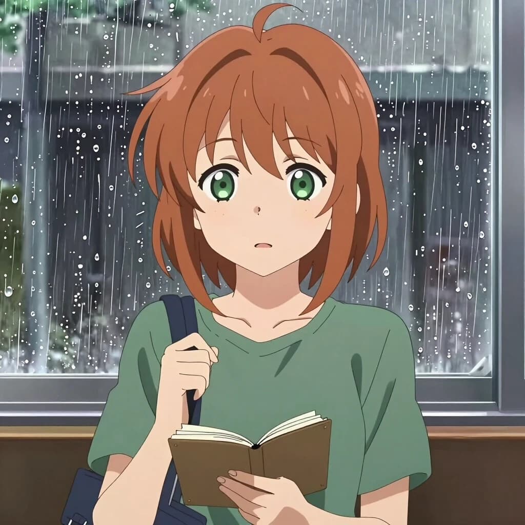 Anime-style portrait, medium close-up, modern Japanese animation style. A young girl with short, slightly tousled chestnut hair and calm green eyes. She’s in a hurry but not panicked: one hand holds the strap of a small bag, the other scribbles something in a tiny notebook.«аниме-стиль, Лиэде Я сижу у окна и слушаю, как капли стучат по стеклу. Дождик не кончается. Он будто тоже знает, что сегодня всё изменилось. За окном дождь рисует на стекле тонкие дорожки, будто кто то провёл по нему мокрым пальцем. Я смотрю и пытаюсь запомнить каждую линию, чтобы потом рассказать маме. Она всегда говорит, что в мелочах прячется волшебство. (удалить лишнию руку)