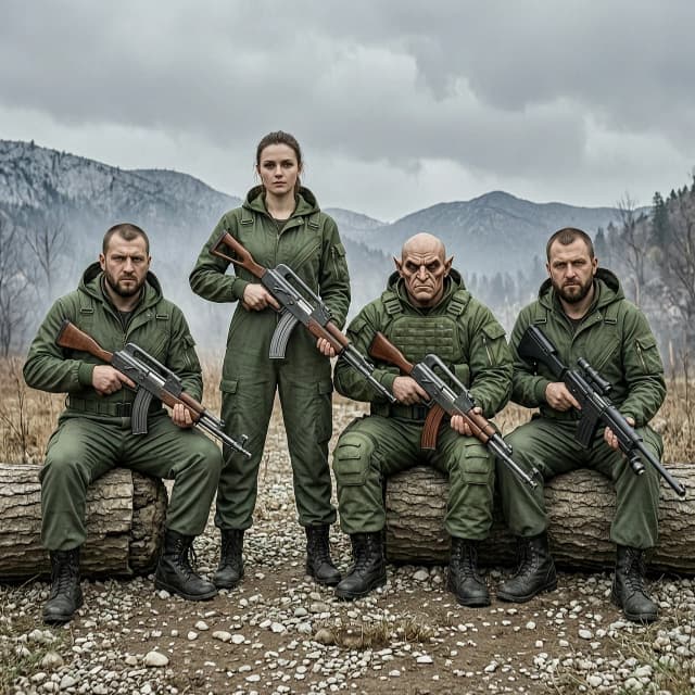Изображение по вселенной сталкер 
Изобразить группу из четырех человек-сталкеров. Лидер группы стоит в центре - девушка по прозвищу Валькирия, вооружена АС Вал, одета в зеленый комбинезон сталкера. По бокам от неё сидят сталкеры. Гоблин одет в зеленый армейский бронекостюм, вооружен автоматом калашникова. (лысый,низкий лоб, тяжёлые надбровные дуги, глубоко посаженные глаза, широкая челюсть.  роста 170 см). С боку от нее двое мужчин - сталкеры Вексель и Знахарь, одеты в комбинезон сталкера, вооружены ВСС Винторез и СВД.