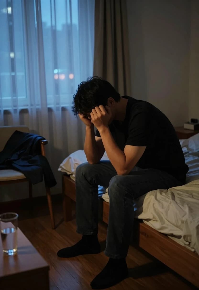 Realistic moody photograph, 35mm lens, f/2.8, low‑key lighting. A man sits alone on the edge of an unmade bed, elbows on knees, head slightly bowed, lost in thought. His posture conveys weariness and introspection. The room is quiet and slightly untidy: a crumpled sheet, a discarded jacket on a chair, a glass of water on the nightstand. A single cold blue light comes from a window with sheer curtains; outside, the city glows faintly. The contrast between the warm bed and the cool outside world emphasizes the feeling of solitude. Detailed textures, realistic skin tones, subtle color grading, cinematic realism.