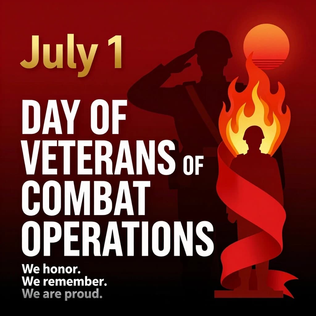 Graphic design, propaganda poster art. Color palette: deep crimson red gradient to pitch black at the bottom. High contrast layout. The right side features a majestic, sweeping St. George ribbon transforming into an eternal flame, occupying 40% of the canvas, dynamic wind effect. The left side is textual: the date "1 ИЮЛЯ" in large gold serif font at the top. Center: "ДЕНЬ ВЕТЕРАНОВ БОЕВЫХ ДЕЙСТВИЙ" in bold, strict grotesque white font, multi-line. Bottom left: minimalist slogan "Чтим. Помним. Гордимся." in silver. Background details: faint silhouette of a soldier with a rifle, saluting, set against a low-angle glowing rising sun in the corner. Style: brutalist minimalism, monumental sculpture aesthetics, vector art style, flat design with subtle gradients, no photorealistic faces, only silhouettes and symbols, official state memorial style --ar 2:3