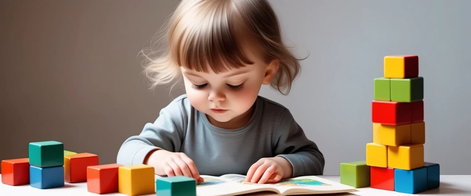Ребёнок играет с кубиками, читает книгу или рисует (яркие цвета).