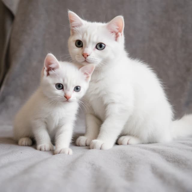 Белая кошка с белым котёнком