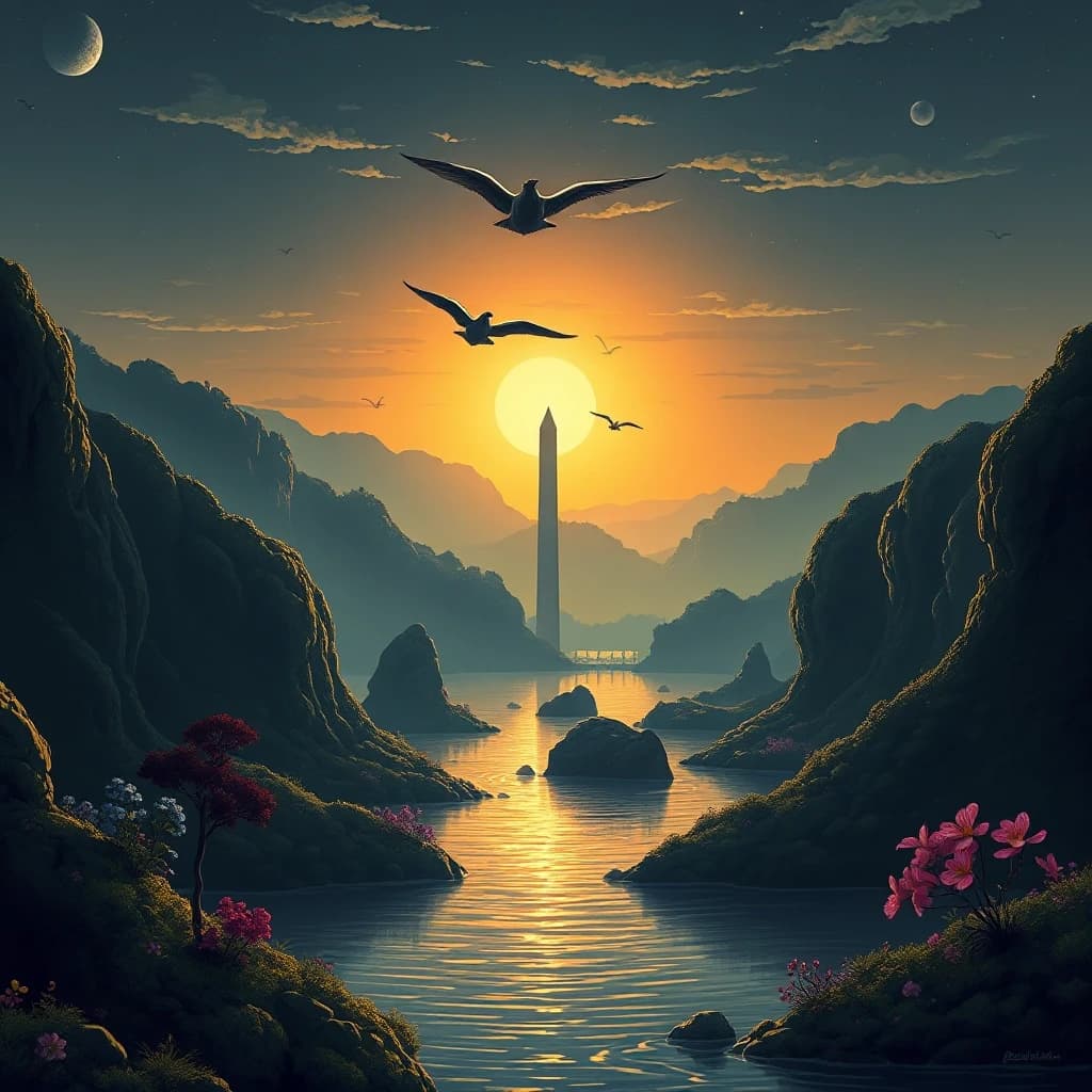 Vector Art, landscape of a [Sunken Isles:Isle Delfino:3] from inside of a Washington D.C. Dense, at Dawn, Hopeless, Pop Art, Cold Lighting, sad, professional fine composition, highly decorated, professional creative, lush, original, illustrious, delicate, atmosphere, highly complex, dynamic dramatic composition, warm light, unique