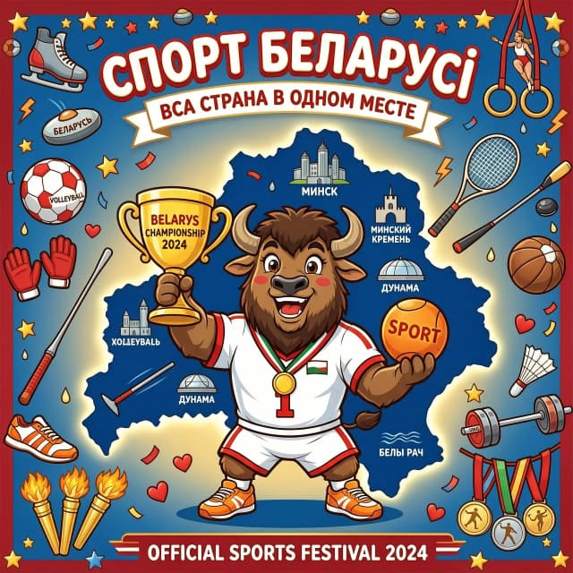 Разные элементы спорта с инвентарем. Зубр в спортивной форме по центру на фоне контура Беларуси в стиле дисней