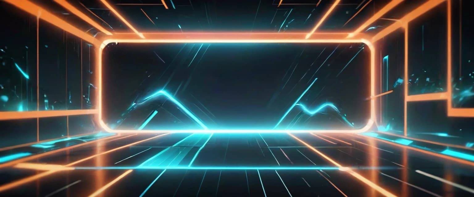 Futuristic sci-fi banner background, dark digital space, glowing neon orange and cyan geometric grid lines, Tron aesthetic, subtle tech particles, cinematic lighting, ultra-detailed