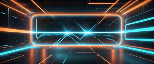 Futuristic sci-fi banner background, dark digital space, glowing neon orange and cyan geometric grid lines, Tron aesthetic, subtle tech particles, cinematic lighting, ultra-detailed