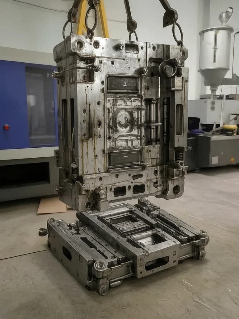 This mold should be shown suspended from a hoist; replace the object in the first image with the mold from the second image. The upper section of the mold is mounted on heavy-duty steel guide rails and is open, revealing a complex internal structure featuring numerous channels, pistons, screws, and precision-machined slots. The metal surface has a polished steel finish with faint signs of wear, as well as droplets of oil and industrial lubricant. The shot is executed in a hyper-realistic industrial photography style, capturing the atmosphere of heavy engineering and the precision and power of modern manufacturing with high detail. Leave the rest of the image unchanged.