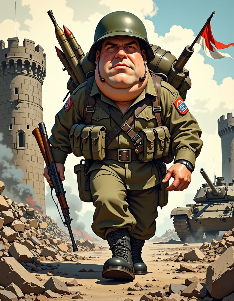 A masterpiece,  in the style of the 1980s, with bold lines, dynamic strokes and rich textures, on background with a touch of nostalgia, perhaps with subtle drawings inspired by cellulose and vintage, worn textures similar to paper, oil painting, Hyper-detailed caricature of a determined male soldier with an oversized expressive head and furrowed brow, three-quarter view, low-angle perspective, mid-step marching toward viewer; wearing an olive-green vintage military uniform and helmet with chin strap, strapped with an overloaded backpack containing rockets, mortar rounds, rifle, ammo belts and a small waving tricolor flag; heroic yet humorous pose, exaggerated proportions (large head, compact body, big polished boots). Background: ruined stone castle towers on left, smoking rubble, a tank on the right, scattered shell casings and debris. Style: high-end digital painting with crisp linework, glossy specular highlights, subtle painterly brush textures, realistic fabric and metal scratches, rich vibrant colors, dramatic 3-point lighting, shallow depth of field, cinematic contrast, soft atmospheric smoke. Composition: dynamic motion blur on boots, detailed facial expression, intricate accessory details (pouches, straps, grenades), 35mm wide-angle feel, high resolution, cinematic poster quality. celshading, simple background