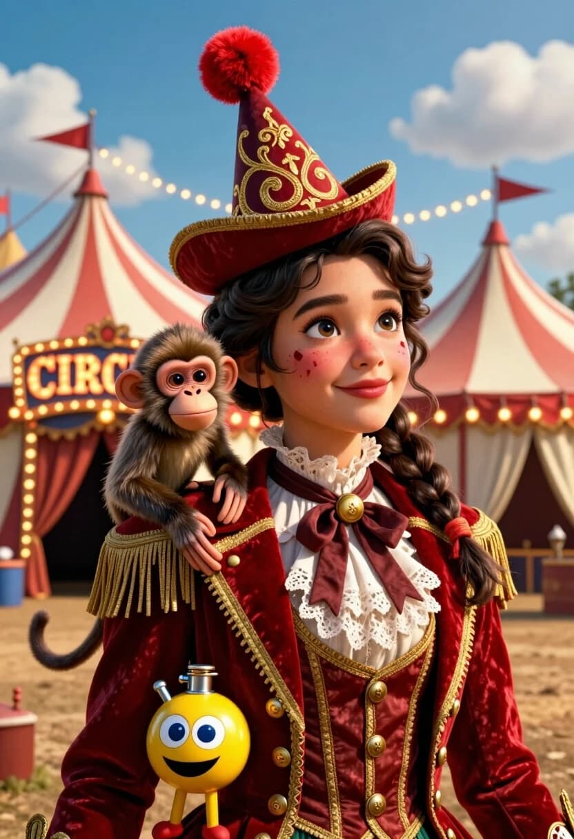 Create a cinematic, photorealistic 3D illustration in the style of a frame from a high‑budget circus film — a close‑up of a young performer against the backdrop of the main tent. In the center is a girl with an expressive gaze and a gentle smile; she has wavy dark hair braided into a plait, and her face is adorned with delicate circus makeup featuring scarlet accents. She is wearing a luxurious Victorian‑style suit: a scarlet velvet jacket with gold trim, buttons, and fringe, a white blouse with lace, and on her head — a pointed hat with a red pom‑pom and ornate gold embroidery.
A small monkey in a miniature stage outfit with decorative elements is nestled comfortably on her right shoulder; the animal’s gaze is curious, and its posture is relaxed.

In the background — a majestic circus tent with a red‑and‑white striped design and a richly decorated facade; above the entrance — a large illuminated sign reading “CIRCUS” in a retro style; along the perimeter — garlands with warm light bulbs, flags on flagpoles, and light draperies. The sky is bright blue with fluffy white clouds; the lighting is sunny, with soft golden highlights on the fabric and skin, and delicate shadows that emphasize the volume.

Detail every button, the texture of the velvet and lace, the fluff on the pom‑pom, the individual hairs in the monkey’s fur, the shine of the gold trim, the folds of the draperies. The palette is rich, with a dominant use of scarlet, cream, gold, and deep blue.finish off the round yellow flask with big, blue eyes with a large mouth with legs at the bottom of the arm along the cuts
