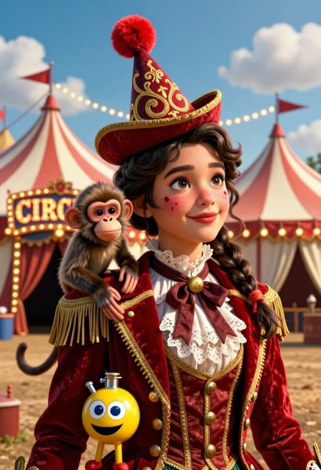 Create a cinematic, photorealistic 3D illustration in the style of a frame from a high‑budget circus film — a close‑up of a young performer against the backdrop of the main tent. In the center is a girl with an expressive gaze and a gentle smile; she has wavy dark hair braided into a plait, and her face is adorned with delicate circus makeup featuring scarlet accents. She is wearing a luxurious Victorian‑style suit: a scarlet velvet jacket with gold trim, buttons, and fringe, a white blouse with lace, and on her head — a pointed hat with a red pom‑pom and ornate gold embroidery.
A small monkey in a miniature stage outfit with decorative elements is nestled comfortably on her right shoulder; the animal’s gaze is curious, and its posture is relaxed.

In the background — a majestic circus tent with a red‑and‑white striped design and a richly decorated facade; above the entrance — a large illuminated sign reading “CIRCUS” in a retro style; along the perimeter — garlands with warm light bulbs, flags on flagpoles, and light draperies. The sky is bright blue with fluffy white clouds; the lighting is sunny, with soft golden highlights on the fabric and skin, and delicate shadows that emphasize the volume.

Detail every button, the texture of the velvet and lace, the fluff on the pom‑pom, the individual hairs in the monkey’s fur, the shine of the gold trim, the folds of the draperies. The palette is rich, with a dominant use of scarlet, cream, gold, and deep blue.finish off the round yellow flask with big, blue eyes with a large mouth with legs at the bottom of the arm along the cuts